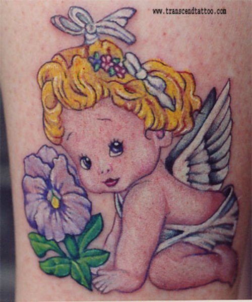 Colorful Baby Angel With Flower Tattoo Design Idea